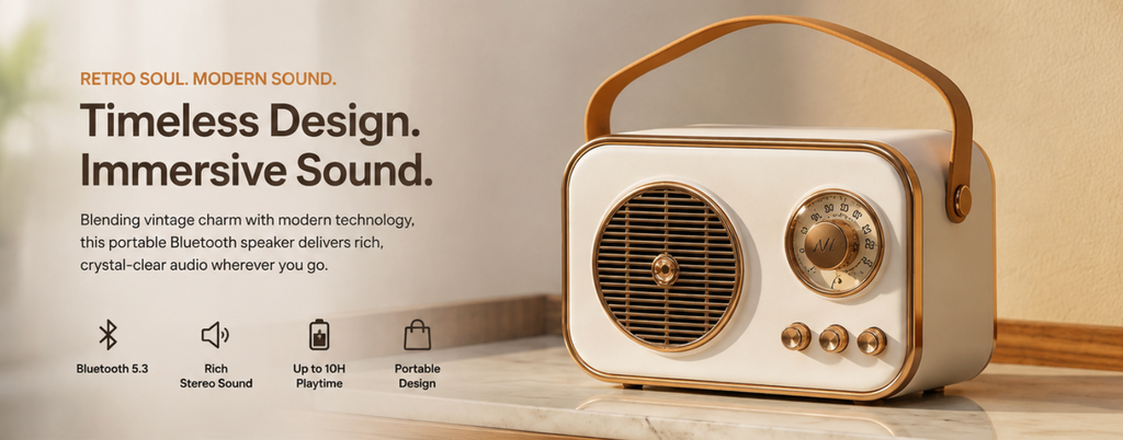 Retro Bluetooth speaker feature overview: Bluetooth 5.3, rich stereo sound, up to 10 hours playtime, portable design