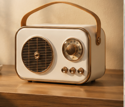 Retro Bluetooth speaker in beige, on a wooden shelf
