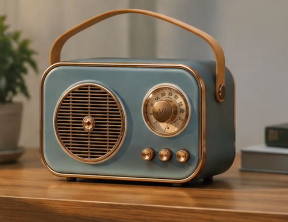 Retro Bluetooth speaker in blue, on a wooden table