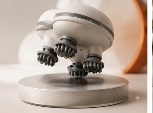 Underside of the white Adda handheld massager showing its four grey silicone kneading nodes