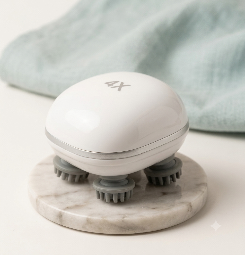 The palm-sized white 4X handheld massager resting on a marble coaster beside a folded towel