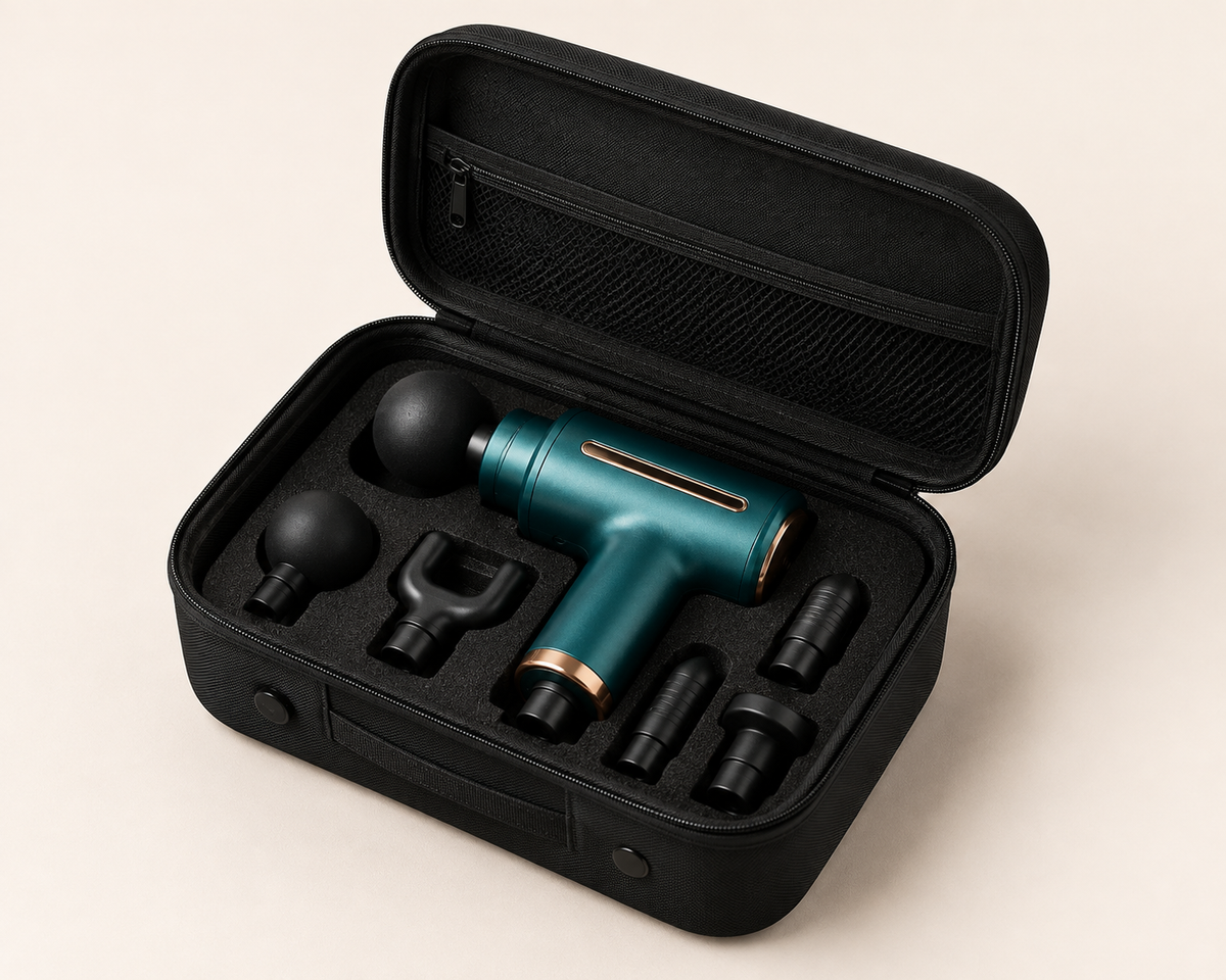 The massage gun and its five attachment heads packed into the black zip-up travel case