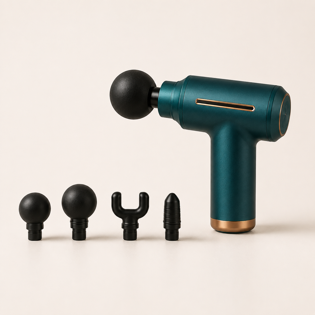 The teal massage gun beside its five heads: large ball, standard ball, small ball, U-fork and bullet