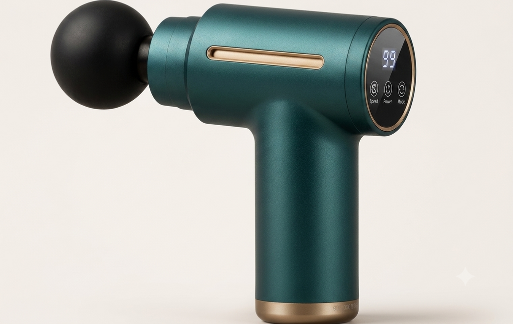 Close-up of the massage gun's digital display showing the speed level, with Speed, Power and Mode touch controls